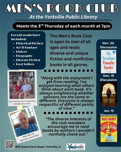 Men's Book Club - Nov 20 · 7-8:30pm · Adult Book Club Meeting every 3rd Thursday of the month at the Yorkville Public Library 