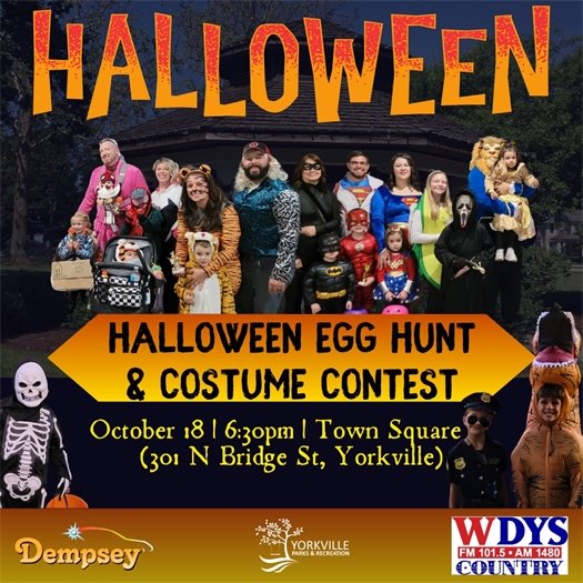 Yorkville Halloween Costume Contest and Halloween Egg Hunt on October 18th! Costume Contest at 6:30; Egg Hunt to Follow (approx. 7pm) at Town Square (301 N Bridge St)