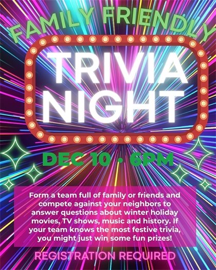 Family Friendly Holiday Trivia Night at the Yorkville Public Library - December 10th from 6pm -7:15pm 