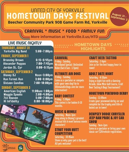 Save the Date for the 2023 Hometown Days Festival! THURSDAY, AUGUST 31st - SUNDAY, SEPTEMBER 3rd at BEECHER COMMUNITY PARK (908 Game Farm Rd, Yorkville, IL 60560)