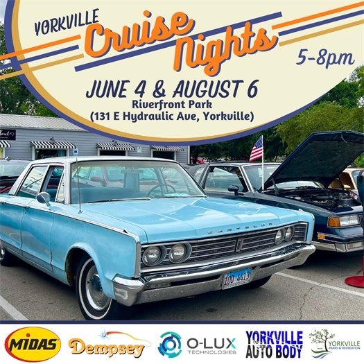 Yorkville Cruise Night – Wednesday, June 4 from 5:00-8:00pm at Riverfront Park (131 E Hydraulic Ave, Yorkville)
